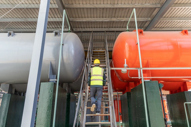 A male worker walks on the stairs