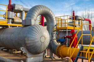 Industrial gas processing equipment with an operator monitoring pipelines and treatment systems used for H₂S removal from gas in a natural gas processing facility.