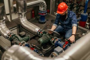 Technician inspecting industrial piping and pumps used for H₂S water treatment at an oil and gas processing facility.